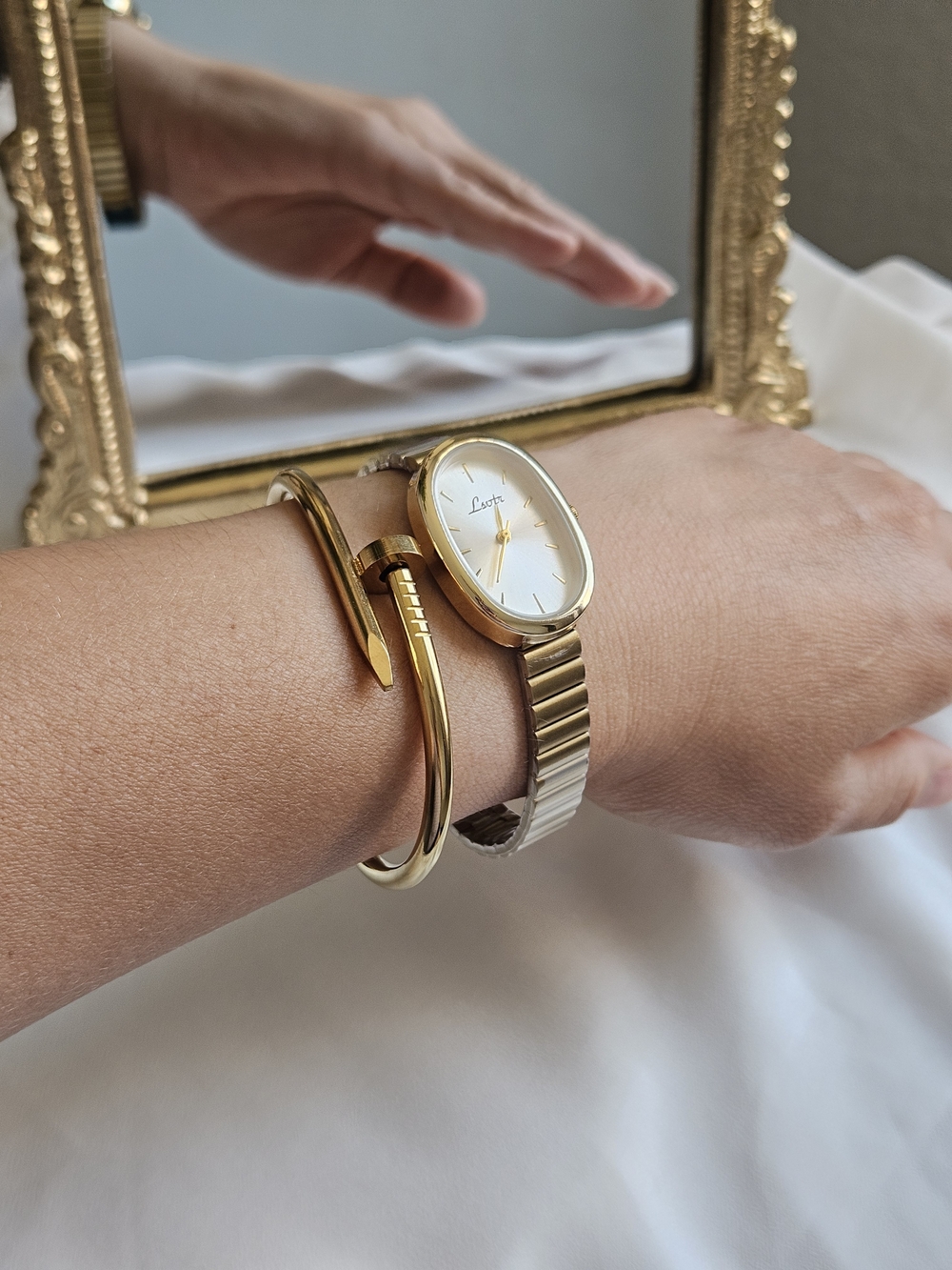 The Madison Vintage Oval Watch & Nail Bangle Combo - 18K Gold PVD Luxury Stack